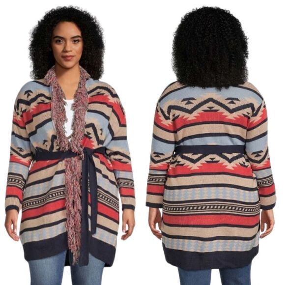 New! Southwestern Knit Fringe Belted Cardigan Longline Sweater - Picture 1 of 14